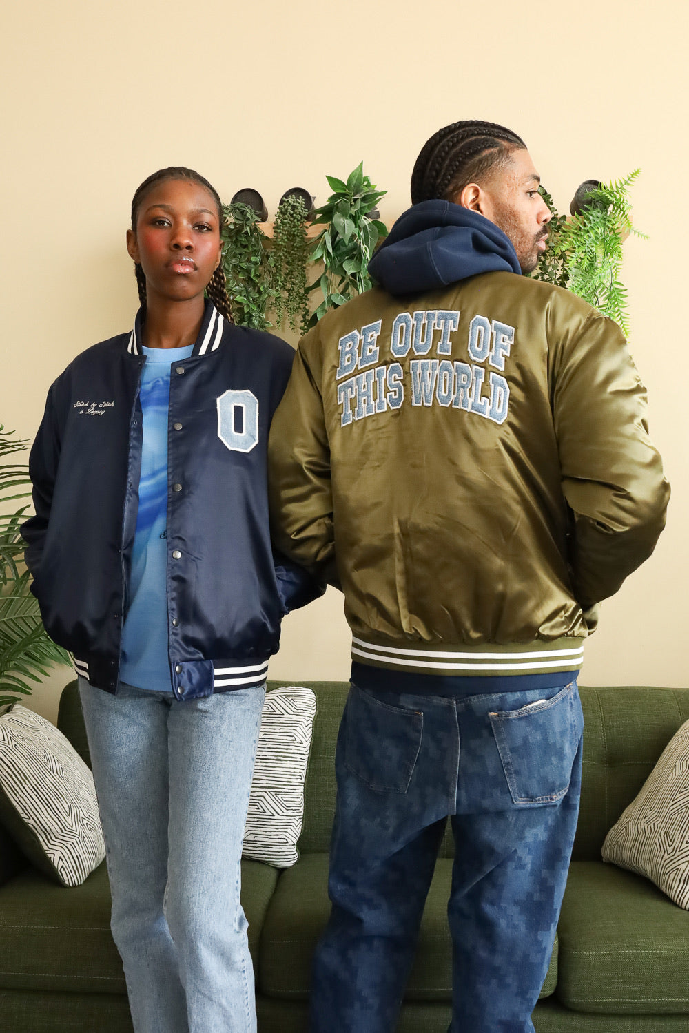 Be OTW Heavy Satin Denim Appliqué Varsity Jacket (Navy Blue) - OTW Threads