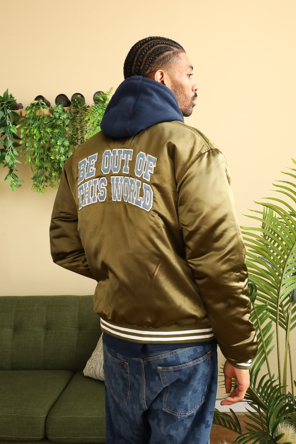 Be OTW Heavy Satin Denim Appliqué Varsity Jacket (Olive Green) - OTW Threads