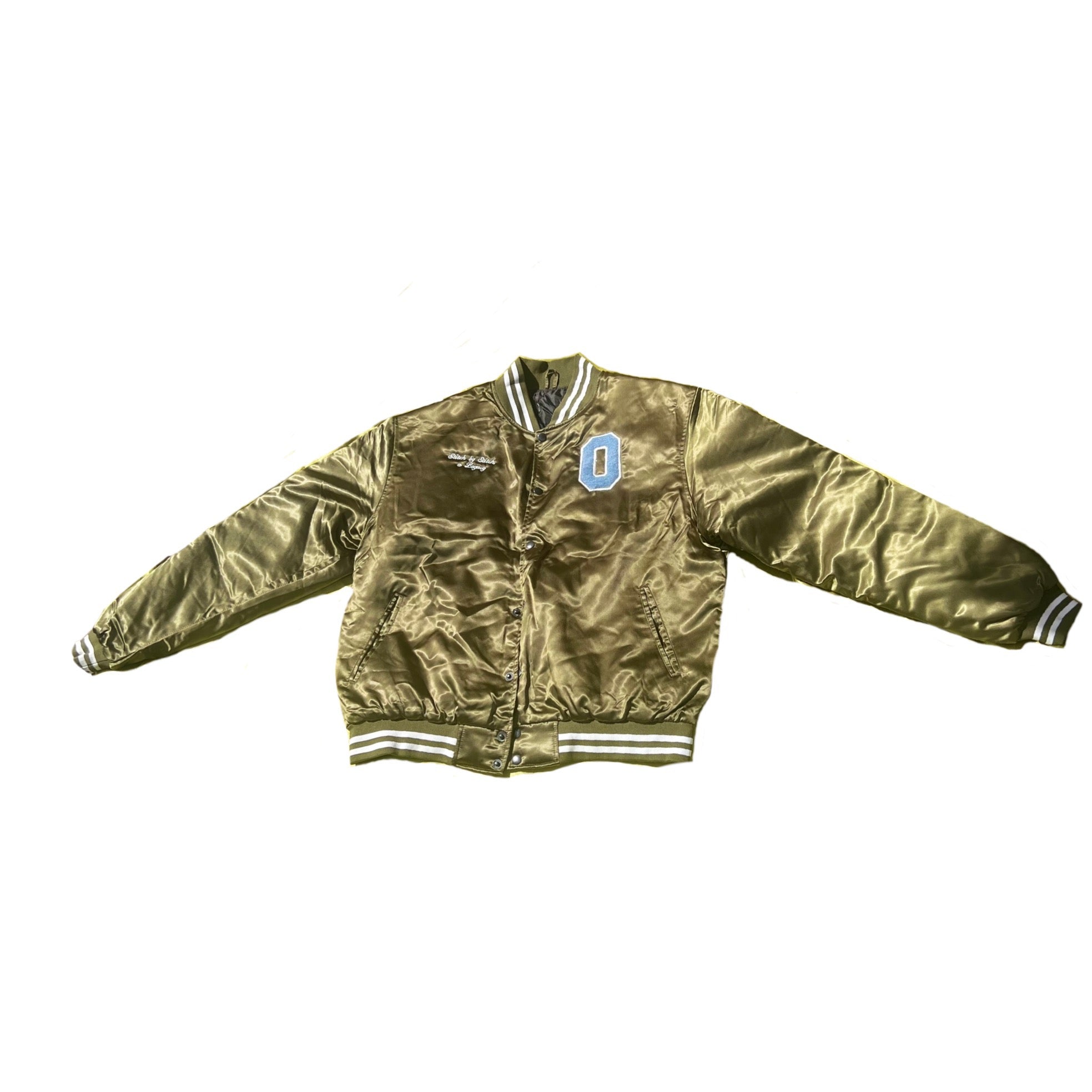 Be OTW Heavy Satin Denim Appliqué Varsity Jacket (Olive Green) - OTW Threads