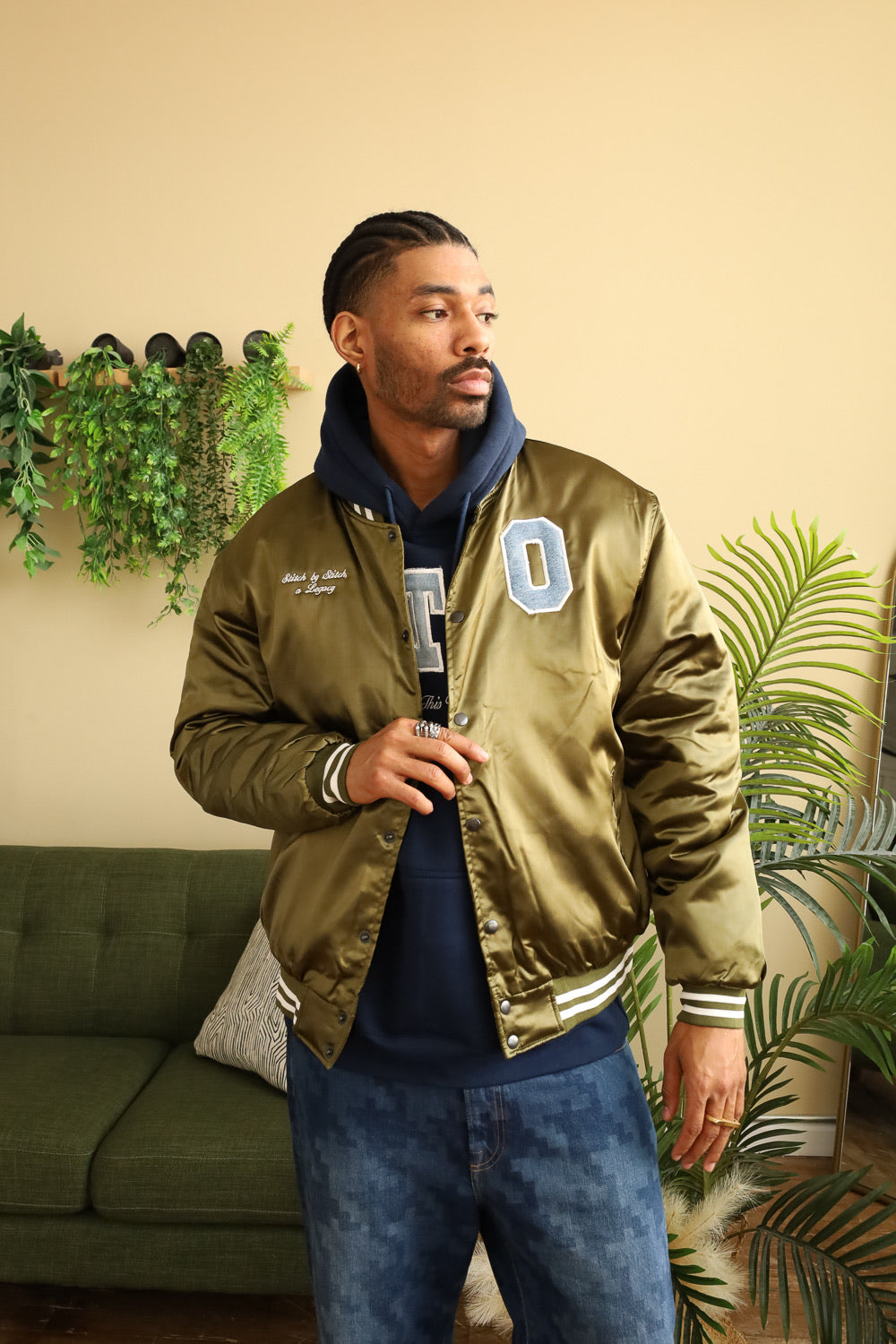 Be OTW Heavy Satin Denim Appliqué Varsity Jacket (Olive Green)
