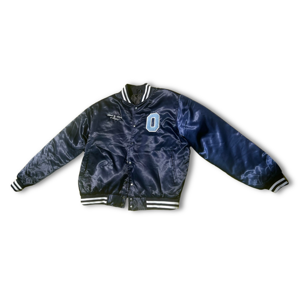 Be OTW Heavy Satin Denim Appliqué Varsity Jacket (Navy Blue)